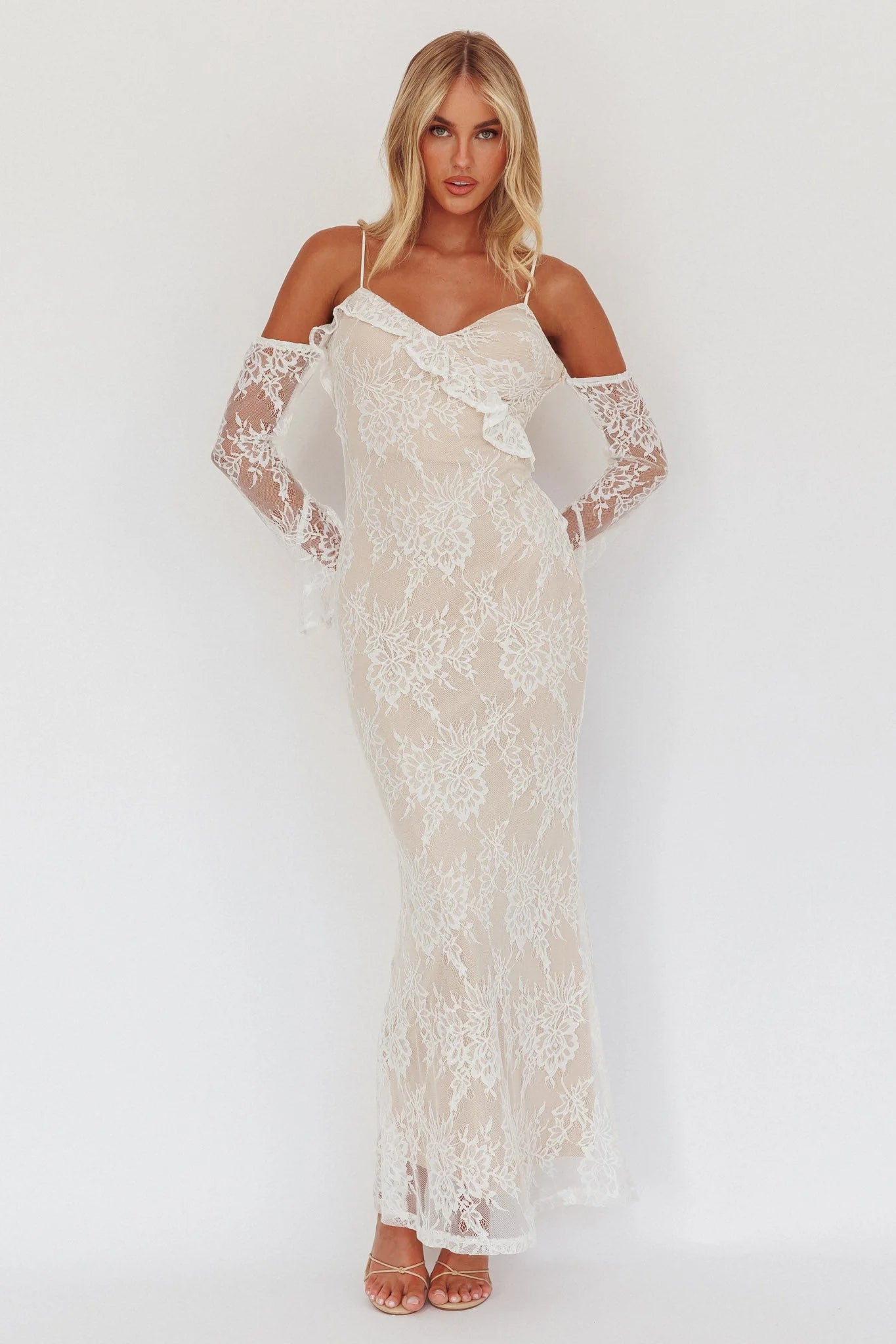 Zarah Off-Shoulder Sleeve Lace Maxi Dress White