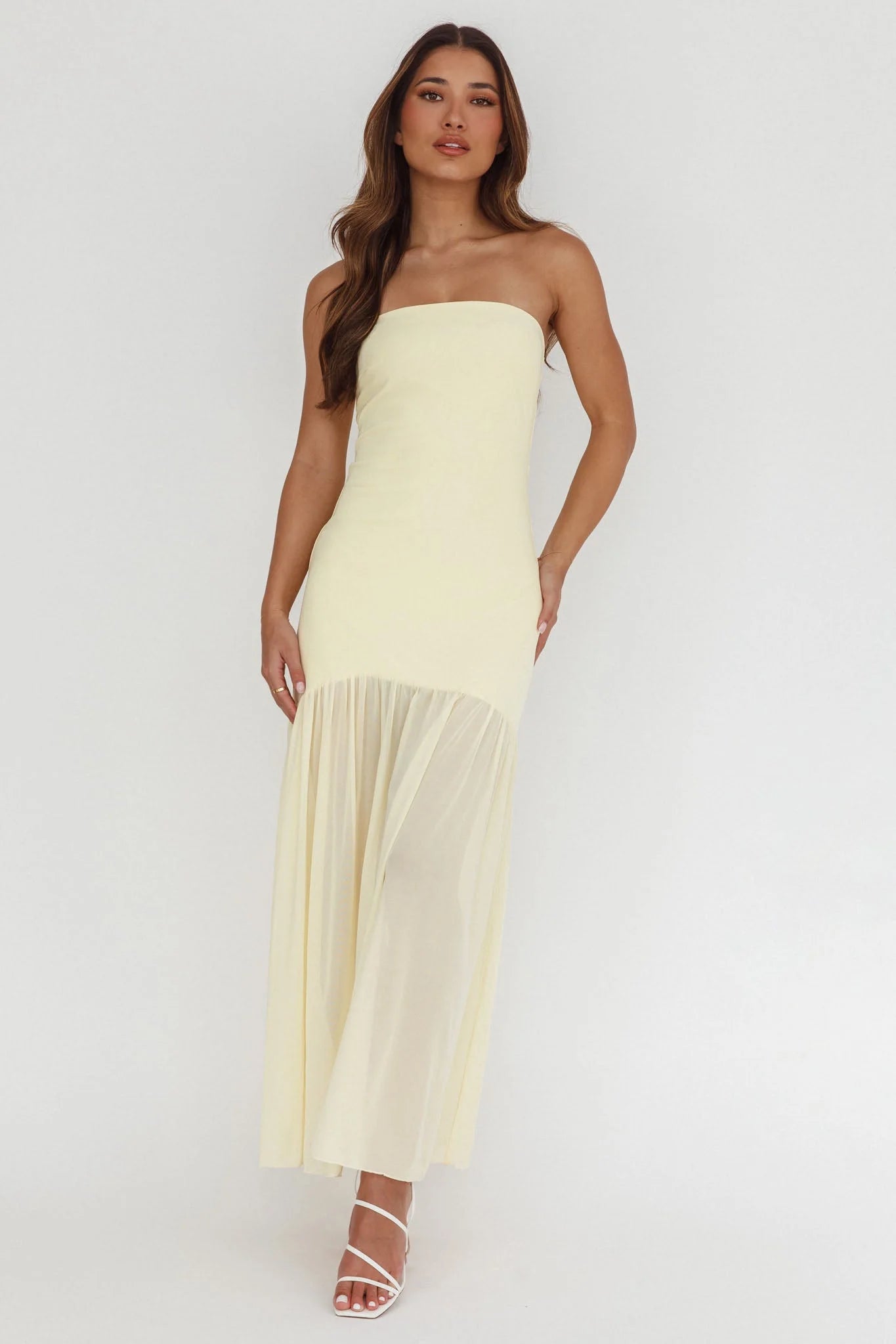 Wilma Sheer Hem Strapless Midi Dress Butter