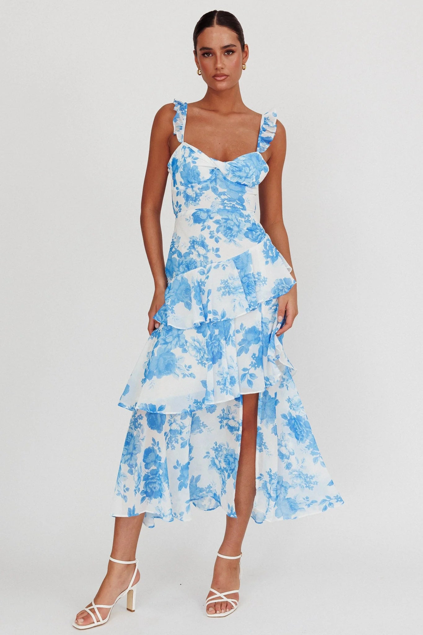 Veda Ruffle Strap Split Maxi Dress Floral White/Blue