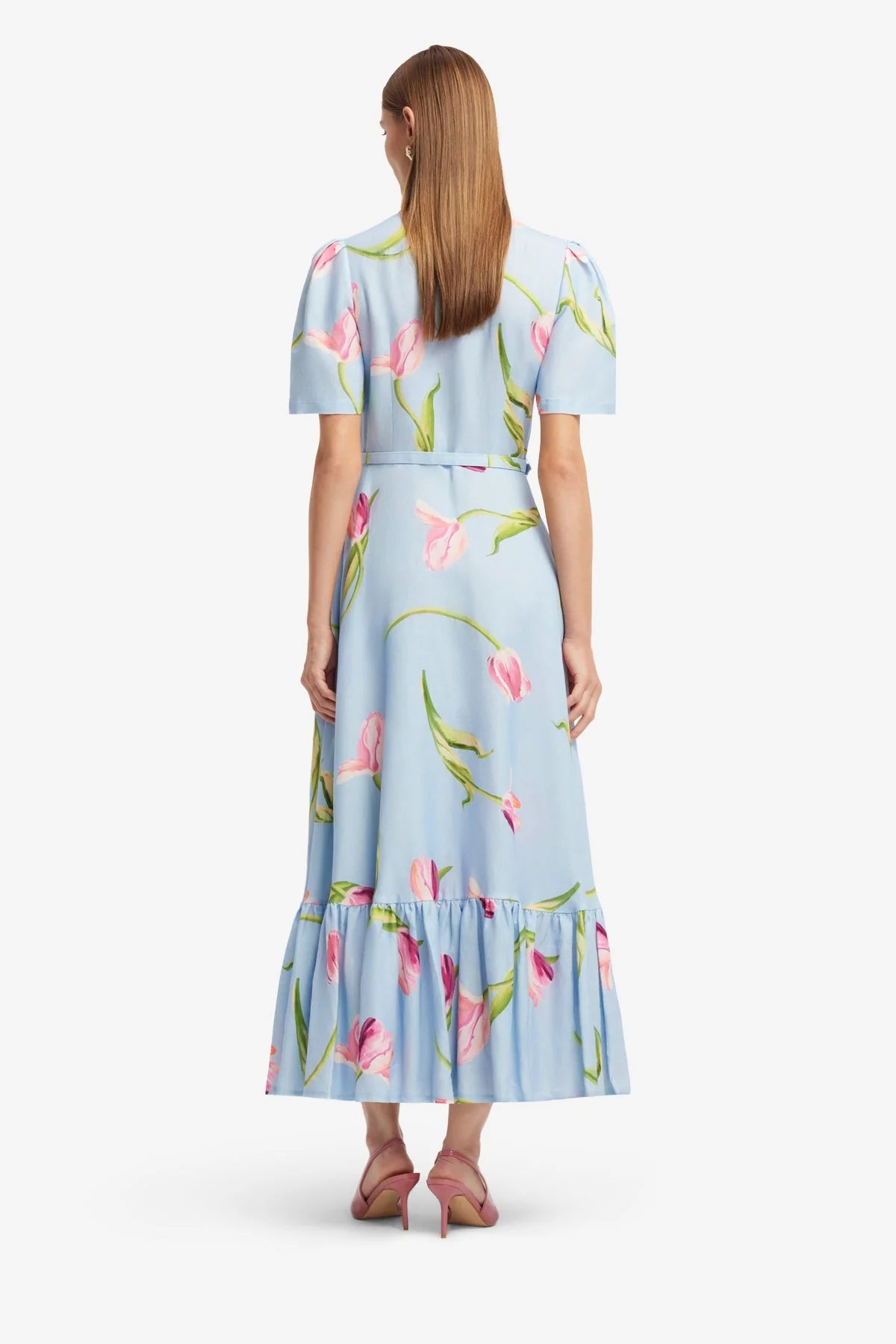 Becca Short Sleeve Midi Dress - Tulip Print in Blue